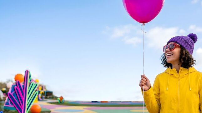 Happy woman in yellow jacket holding pink balloon outdoors