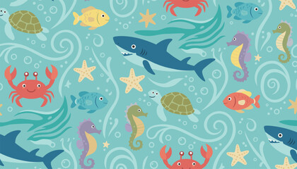 Fototapeta premium Sea life seamless pattern featuring blue sharks, red crabs, purple seahorses, and green turtles on a light blue background.