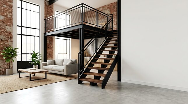 Compact Industrial Loft with Steel Staircase and Upper Level Platform