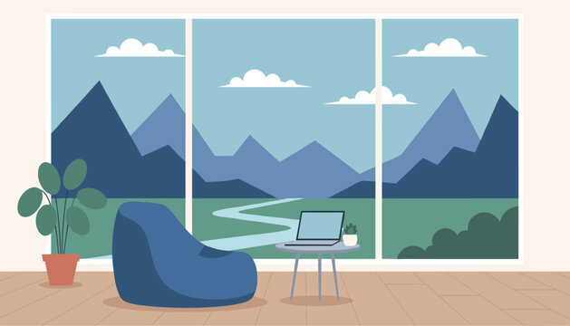 Cozy workspace interior with a comfortable bean bag chair laptop on table and large window overlooking mountain valley.