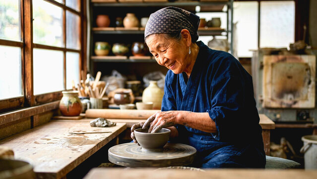 Senior Japanese female potter shaping a clay bowl on a pottery wheel in a traditional workshop