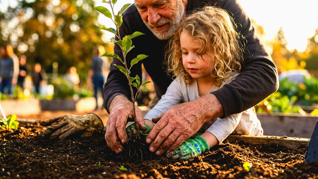 Grandfather and child planting sapling in garden bed with natural sunlight and outdoor setting