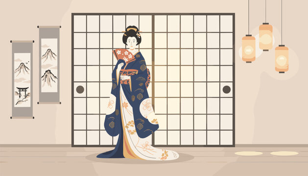 Beautiful japanese geisha in traditional blue kimono holding fan in front of shoji sliding doors in a historic house.