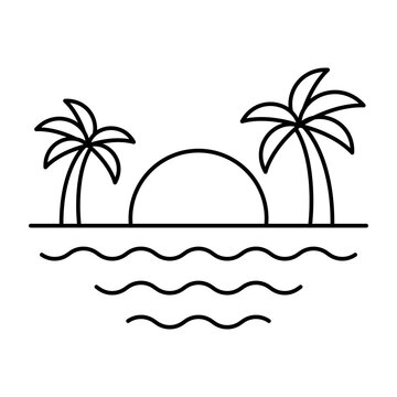 Tropical sunset line icon with palm trees over ocean