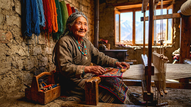 Elderly woman weaving traditional fabric on a wooden loom inside a rustic mountain workshop