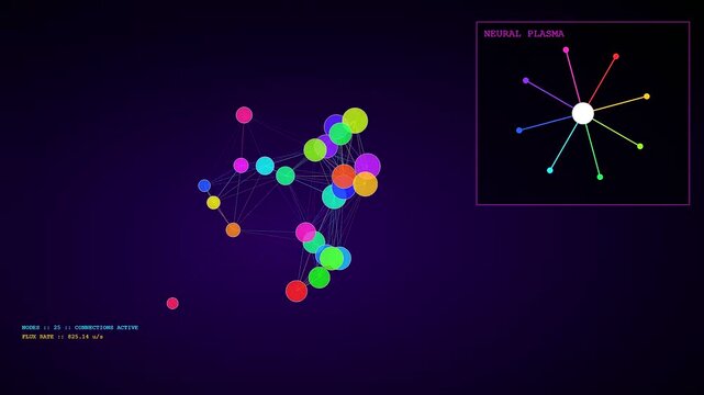 dynamic plasma turbulence pulses across a network of glowing nodes forming complex shifting digital structures within a dark void captured in this seamless animated data stream