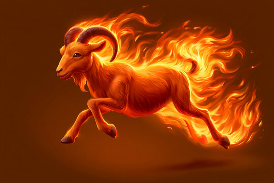 Fire themed goat running fast across a fiery background with flames