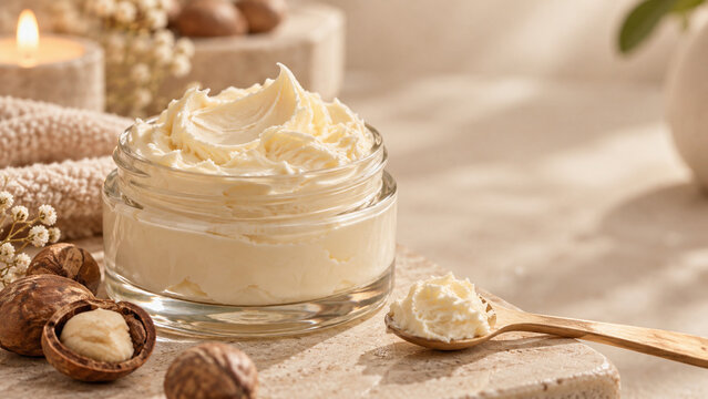 Rich shea body butter in glass jar with spoon scoop, shea nuts and soft beige spa background, natural moisturizing body care macro