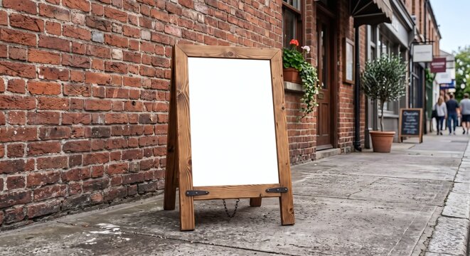 Photorealistic mockup of a wooden A-frame sign with a blank white board
