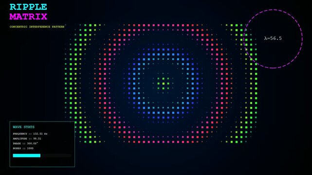 Vibrant plasma turbulence ripples across a dark digital monitor screen as glowing multicolored pixels shift in constant motion to show frequency fluctuations and rhythmic waveform data