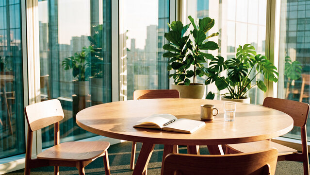 Modern office lounge interior with wooden table, open notebook and coffee mug, city skyline view through large windows