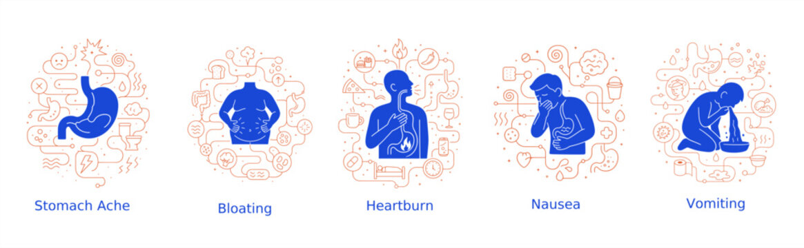 Design collection illustrates stomach ache, bloating, heartburn, nausea, and vomiting with blue human figures surrounded by digestive symptom line icons on a white background.