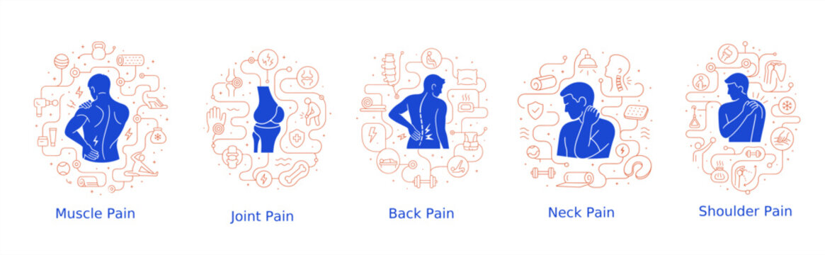Design collection of medical pain illustrations showing people with muscle, joint, back, neck, and shoulder discomfort, surrounded by healthcare and therapy line icons.