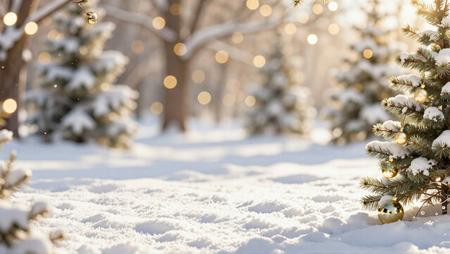 Elegant winter forest landscape with luxury snow covered pine trees and golden bokeh lights