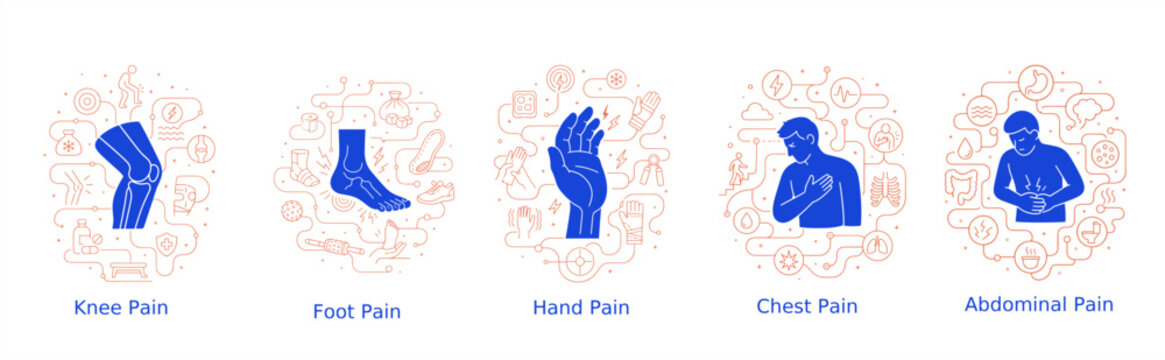 Medical design collection illustrates knee, foot, hand, chest and abdominal pain with human figures surrounded by thin line icons of symptoms, anatomy and treatment.
