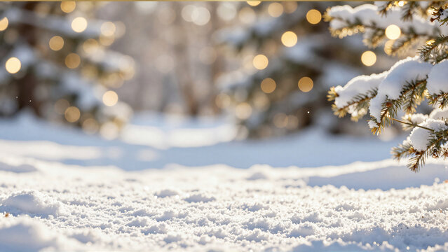Scenic winter landscape with snow covered ground and glowing golden bokeh