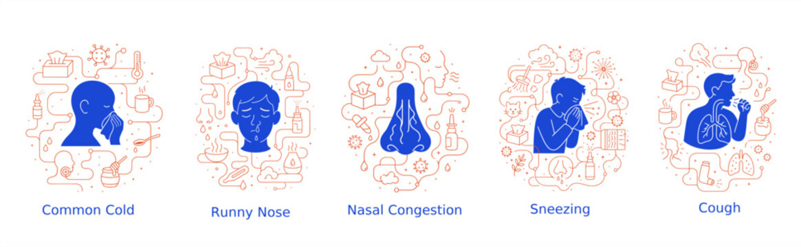 Design collection illustrates common cold symptoms including runny nose, nasal congestion, sneezing, and cough, with people surrounded by medicine, tissues, droplets, and health icons.
