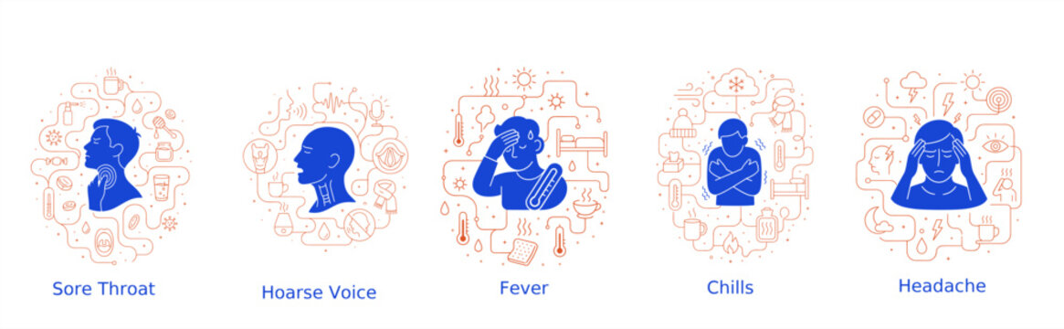 Design collection of medical symptom illustrations showing sore throat, hoarse voice, fever, chills, and headache, surrounded by healthcare icons and connected line art.