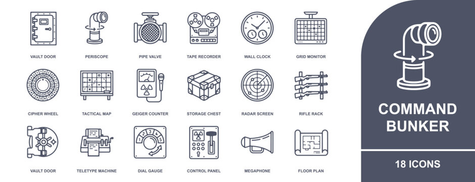 Command bunker icon sheet, set of 18 linear symbols including vault doors, periscope, radar screen, geiger counter, and tactical maps