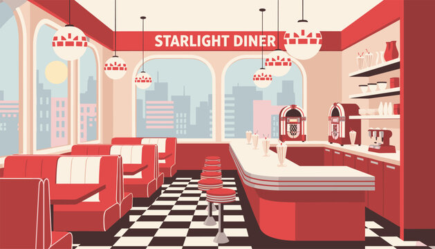 Classic retro American diner interior with red booths, a checkerboard floor, jukeboxes, and a bar with high stools.