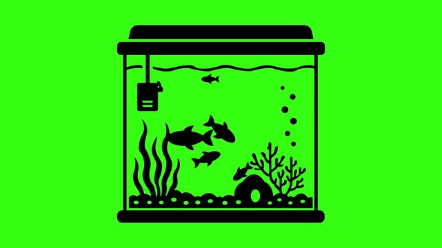 Aquarium with swimming fish silhouette animation video featuring floating bubbles and plant life in green background