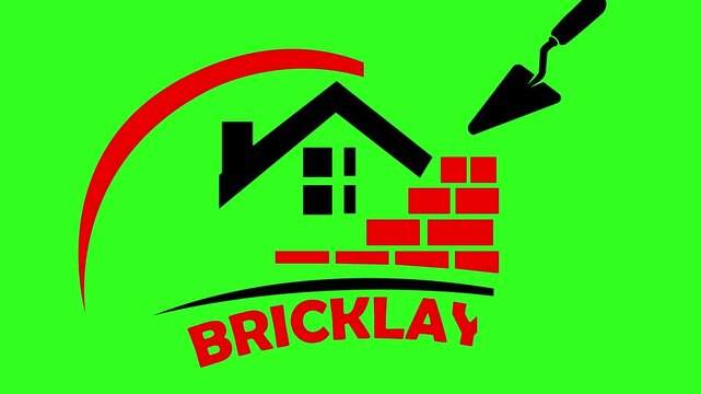 Bricklayer construction logo animation showing masonry work with red bricks and black trowel motion clip footage
