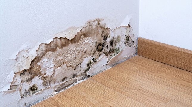 Water Damage and Black Mold Growing on Peeling Plaster Wall Above Wooden Floor Baseboard