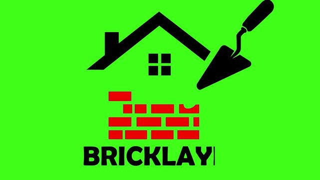 Bricklayer construction logo animation showing building tools and red bricks on a bright green screen background