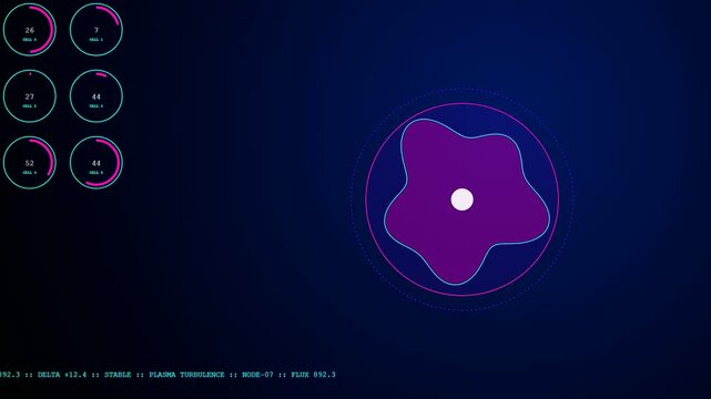 Plasma turbulence visual interface displays a pulsating core with multiple circular metrics and numeric data streams shown within a dark blue digital software monitoring environment