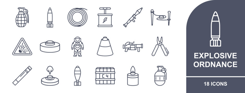 Explosive ordnance icon sheet featuring military landmines, grenades, rocket launchers, and bomb disposal equipment