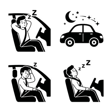 Sleepy Driver Icons Set Showing Tired Man in Car Seat