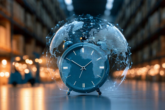 Clock with a digital world map design placed in a warehouse setting with blurred shelves in the background