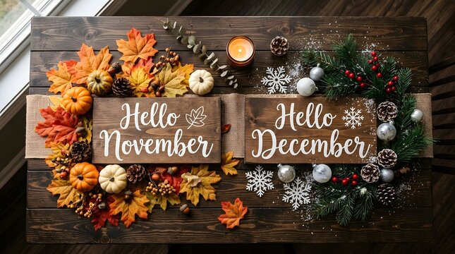 Rustic wooden signs featuring seasonal wreaths for hello november and hello december holiday home decor