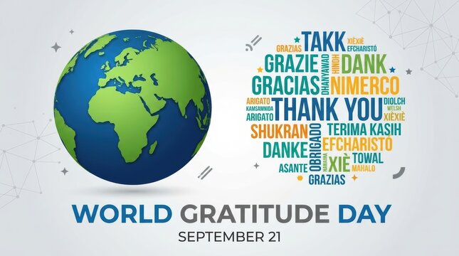 World Gratitude Day Banner with Globe and Thank You Word Cloud in Multiple Languages for September 21 Celebration