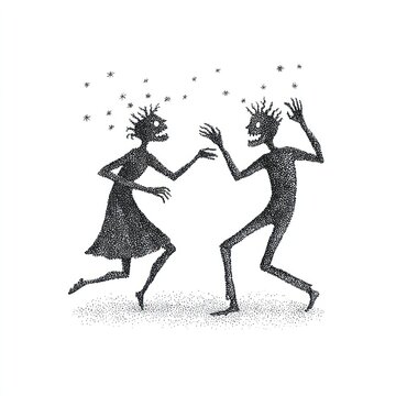 Abstract dancing figures with starry heads in pointillism.