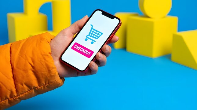Hand holding smartphone with checkout button for online shopping on blue background