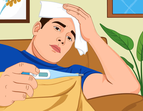 Sick man resting in bed with a thermometer and a cool compress on his forehead