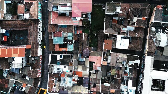 Top Down Drone View of Dense Quito Ecuador Rooftops, Narrow Streets, Urban Blocks and Residential Architecture Pattern in South American Capital