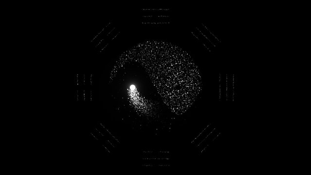 White particles Bagua Tai Chi pattern on black background