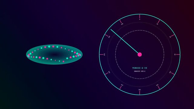 a glowing plasma turbulence visualization display showing rotating particles on digital radar screens inside a dark virtual environment for modern science and space navigation research systems