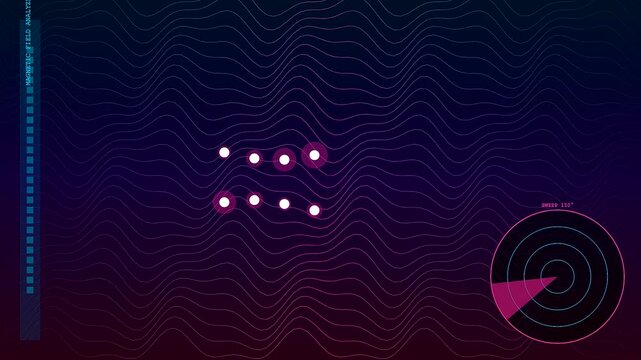 Plasma turbulence visuals glow on a digital interface display featuring oscillating waves alongside radar scanning circles and pulsating light points moving across a dark screen panel