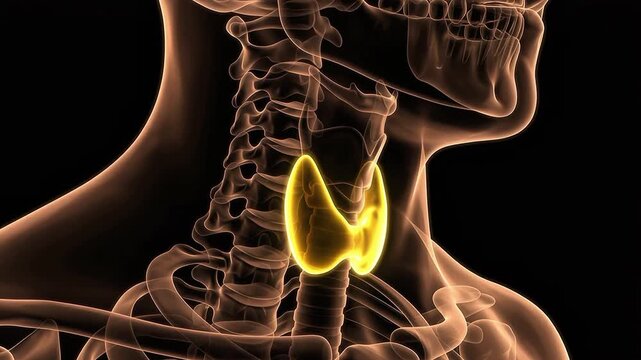 3D medical illustration of a glowing human thyroid gland located in the neck with translucent skeletal structure