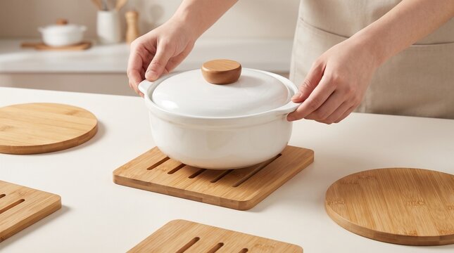 White Ceramic Pot on Wooden Trivet &ndash; Modern Kitchenware and Cooking Still Life