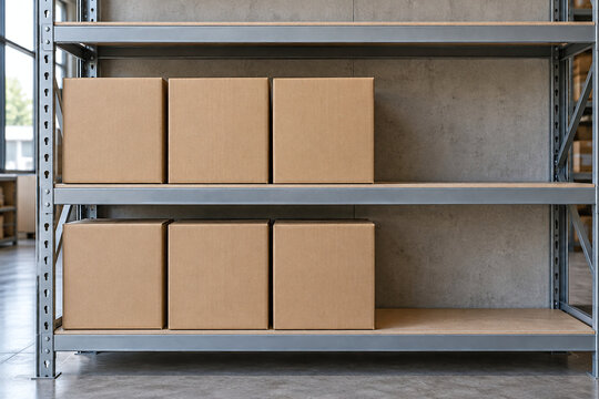Six plain shipping boxes arranged on warehouse shelves