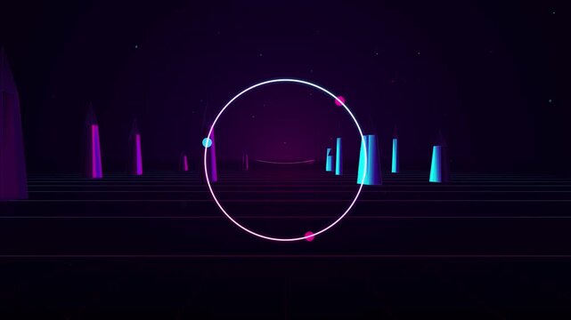 Neon retro synthwave loop with rotating orbiting spheres and glowing geometric pillars vaporwave
