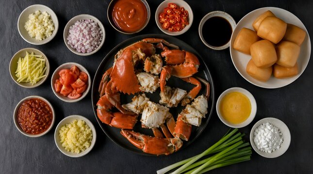 Top view of fresh ingredients for cooking traditional Asian Singaporean chili crab featuring cooked mud crab, spicy sauce, garlic, ginger, shallots, green onions, and fried mantou buns on a dark