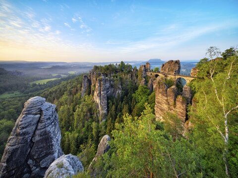 View of the Bastei Bridge in the morning light, Bastei near Rathen, Elbe Sandstone Mountains, Saxon Switzerland National Park, Saxony, Germany