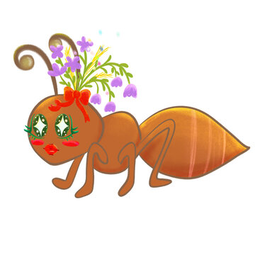 Cute Cartoon Ant Character with Flower Crown and Red Ribbon Isolated