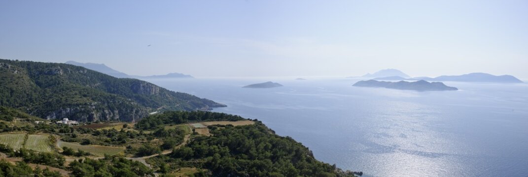 View of the sea and the castle ruins of K&aacute;miros, Rhodes, Greece, Europe