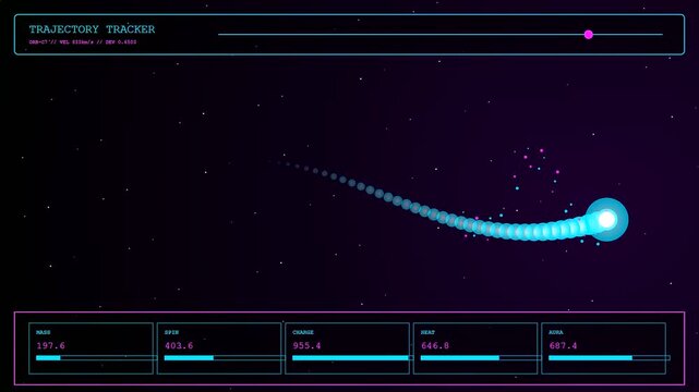 a shimmering plasma turbulence flow drifts across dark space while digital interface data counters track particle movement paths in a cinematic cosmic simulation animation display